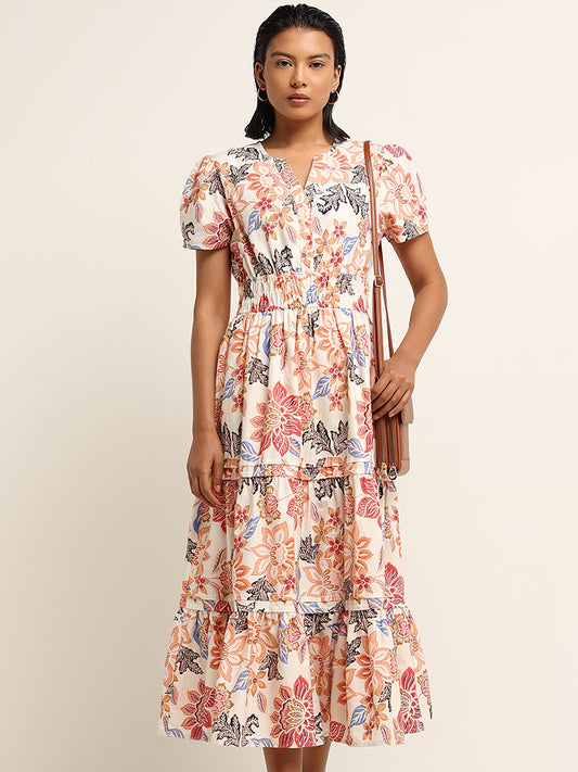 LOV Multicolour Floral Printed Tiered Cotton Dress