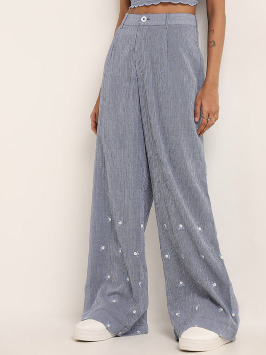 Bombay Paisley Blue Embroidered Wide-Leg High Rise Pants