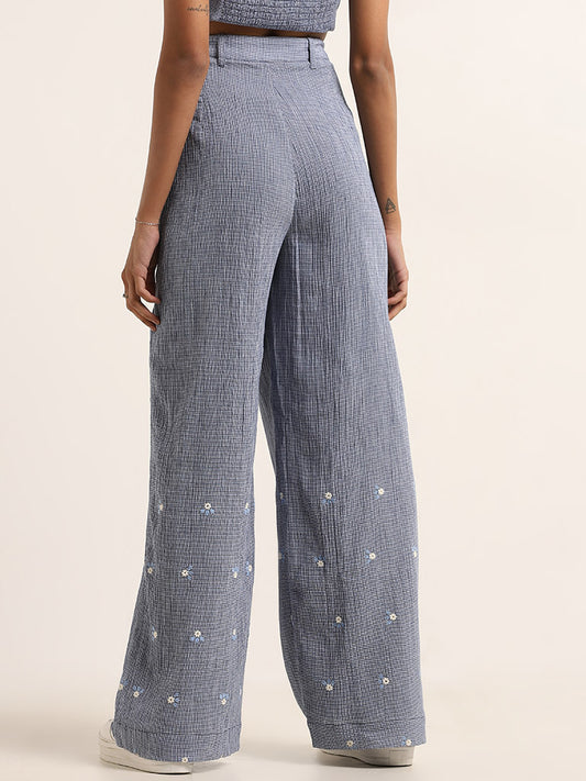 Bombay Paisley Blue Embroidered Wide-Leg High Rise Pants