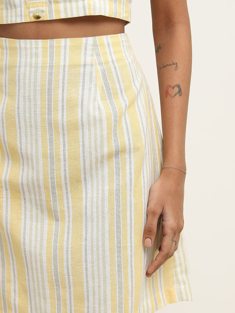Bombay Paisley Yellow Striped High Rise Blended Linen Skirt