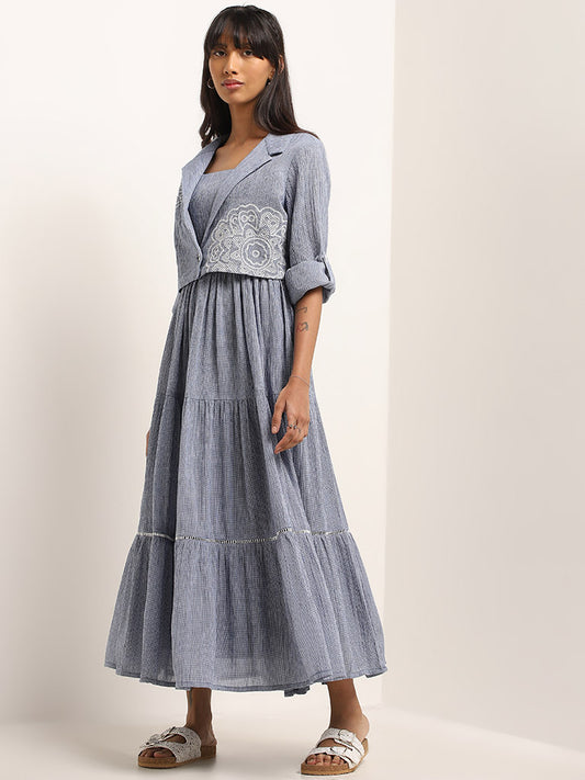 Bombay Paisley Indigo Checks Design Tiered Cotton Dress and Jacket