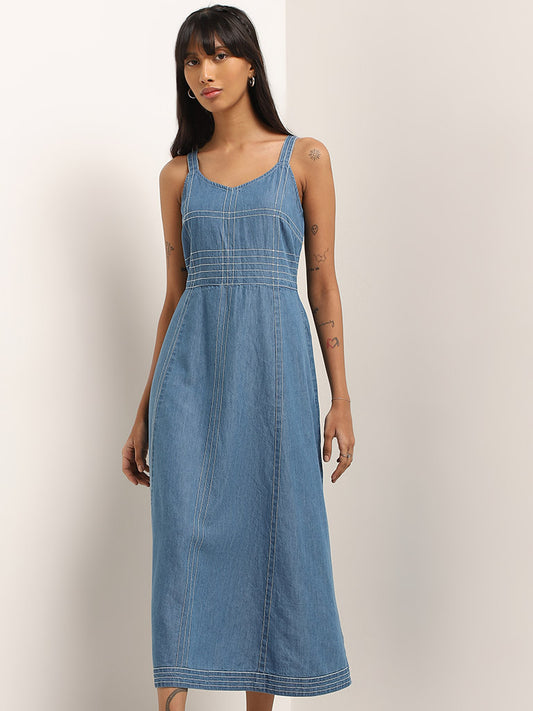 Bombay Paisley Blue Pinstripe-Detailed A-Line Dress