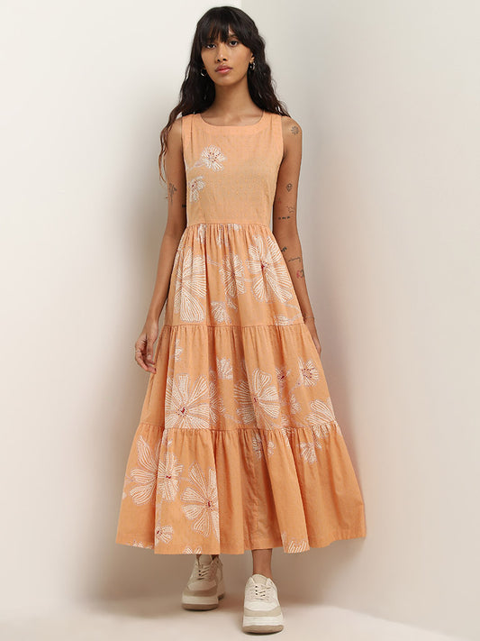 Bombay Paisley Orange Floral Design Tiered Cotton Dress