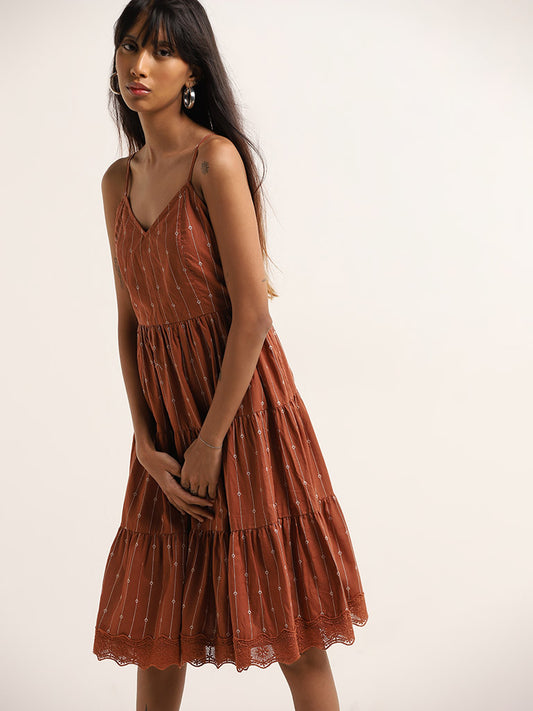 Bombay Paisley Rust Embroidered Tiered Cotton Dress
