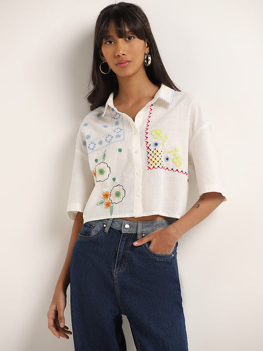Bombay Paisley Ivory Floral Embroidered Cotton Shirt