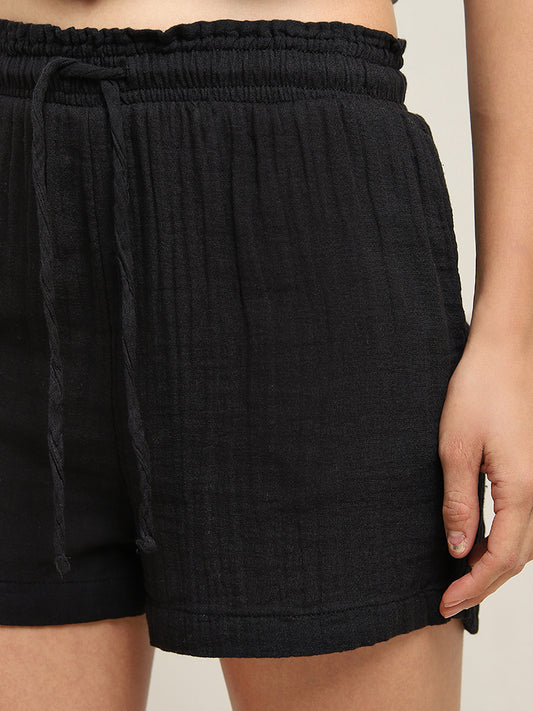 Wunderlove Black Crinkle Texture High-Rise Beach Cotton Shorts