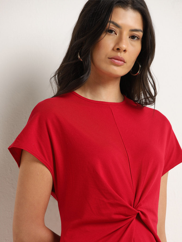 Wunderlove Red Cotton Blend Knot-Detailed Midi Dress