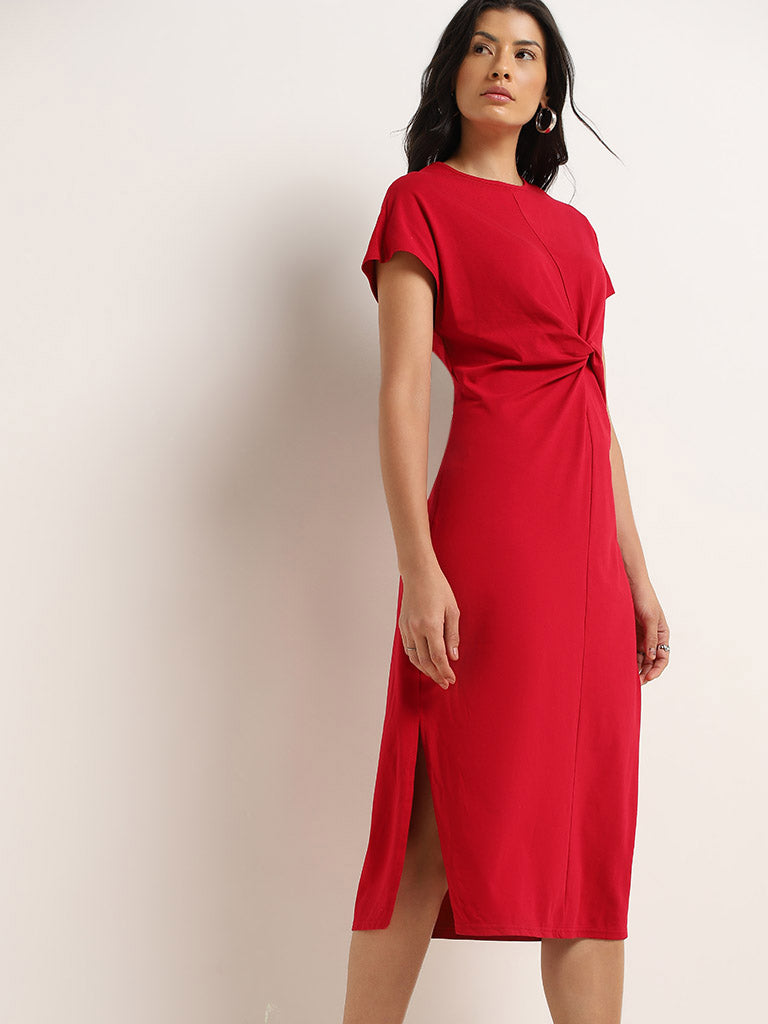 Wunderlove Red Cotton Blend Knot-Detailed Midi Dress