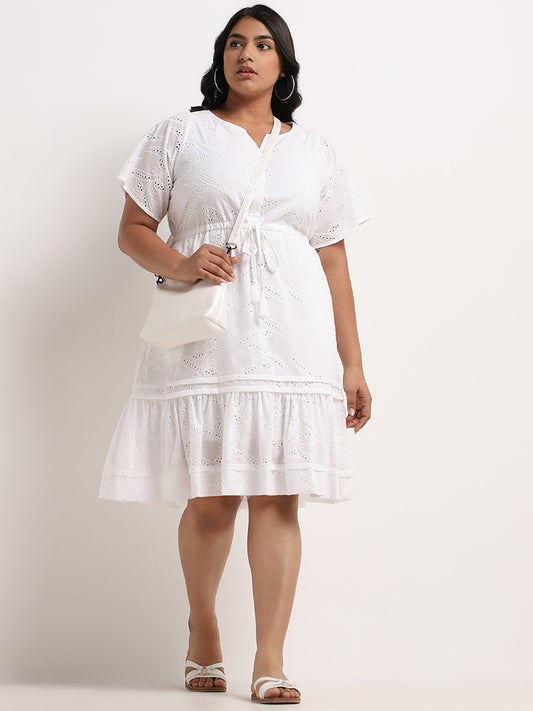Gia White Schiffli Design Cotton Tiered Dress