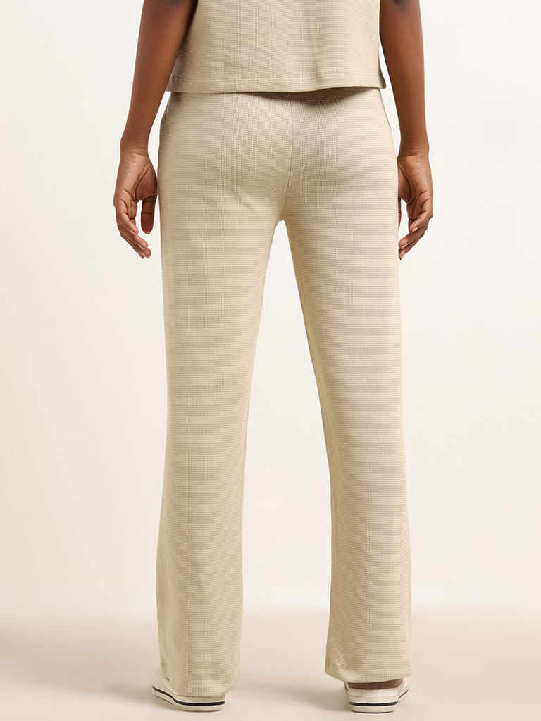 Studiofit Beige Waffle Textured Cotton High Rise Track Pants