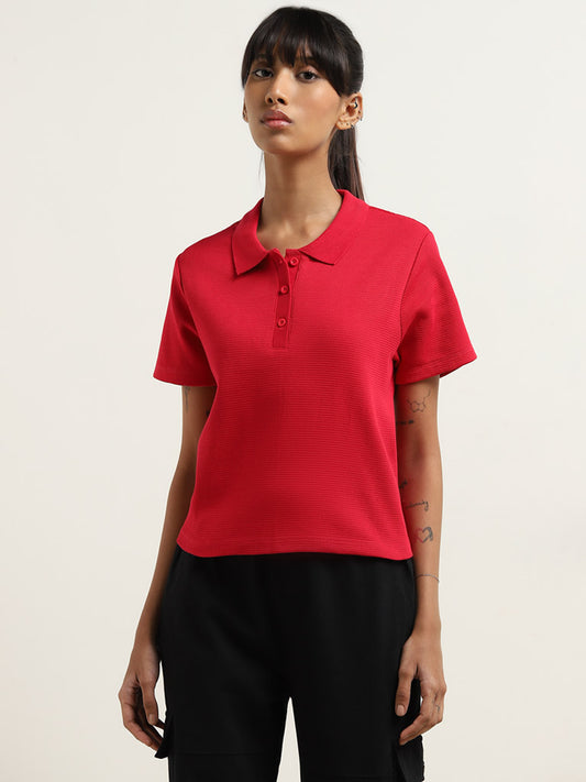 Studiofit Red Ribbed Textured T-Shirt