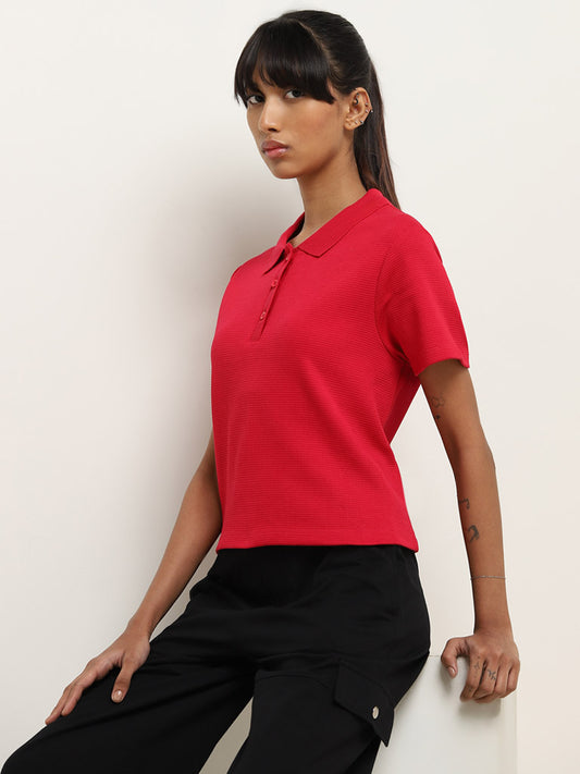 Studiofit Red Ribbed Textured Cotton T-Shirt