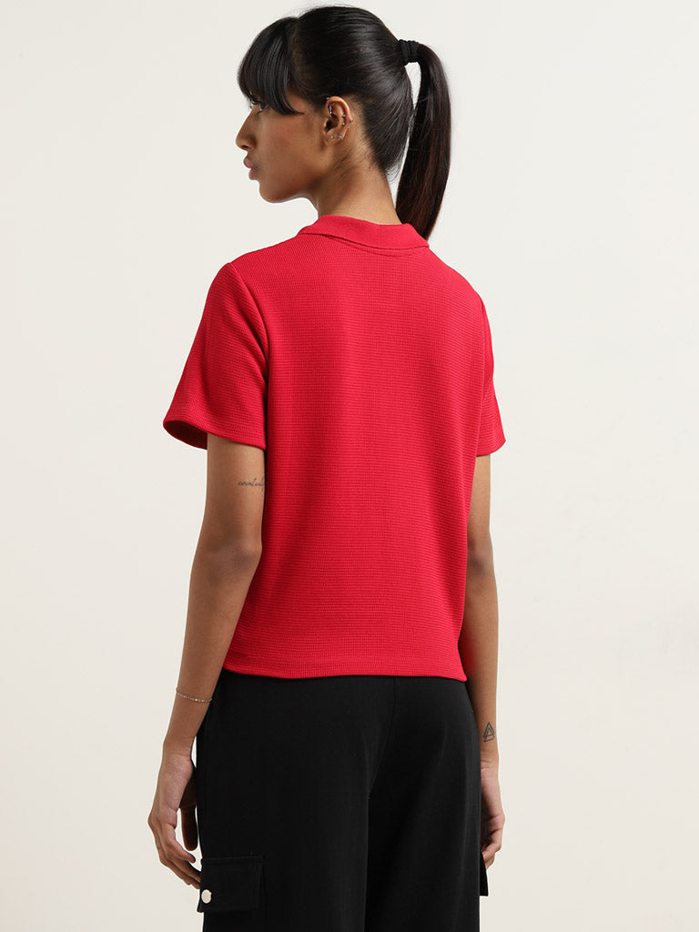 Studiofit Red Ribbed Textured Cotton T-Shirt