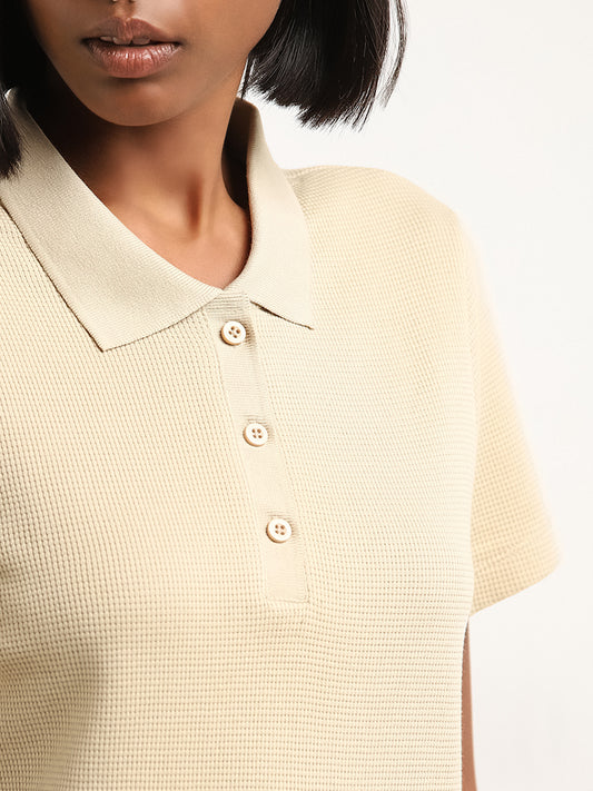 Studiofit Beige Waffle Textured Cotton Collared T-Shirt