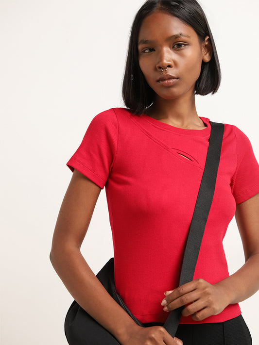 Studiofit Red Cotton Blend Ribbed T-Shirt
