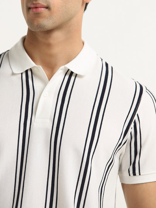WES Casuals White Stripe Print Slim-Fit Polo T-Shirt