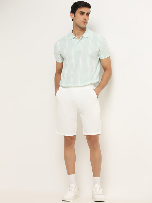 WES Casuals Mint Striped Slim-Fit Polo T-Shirt