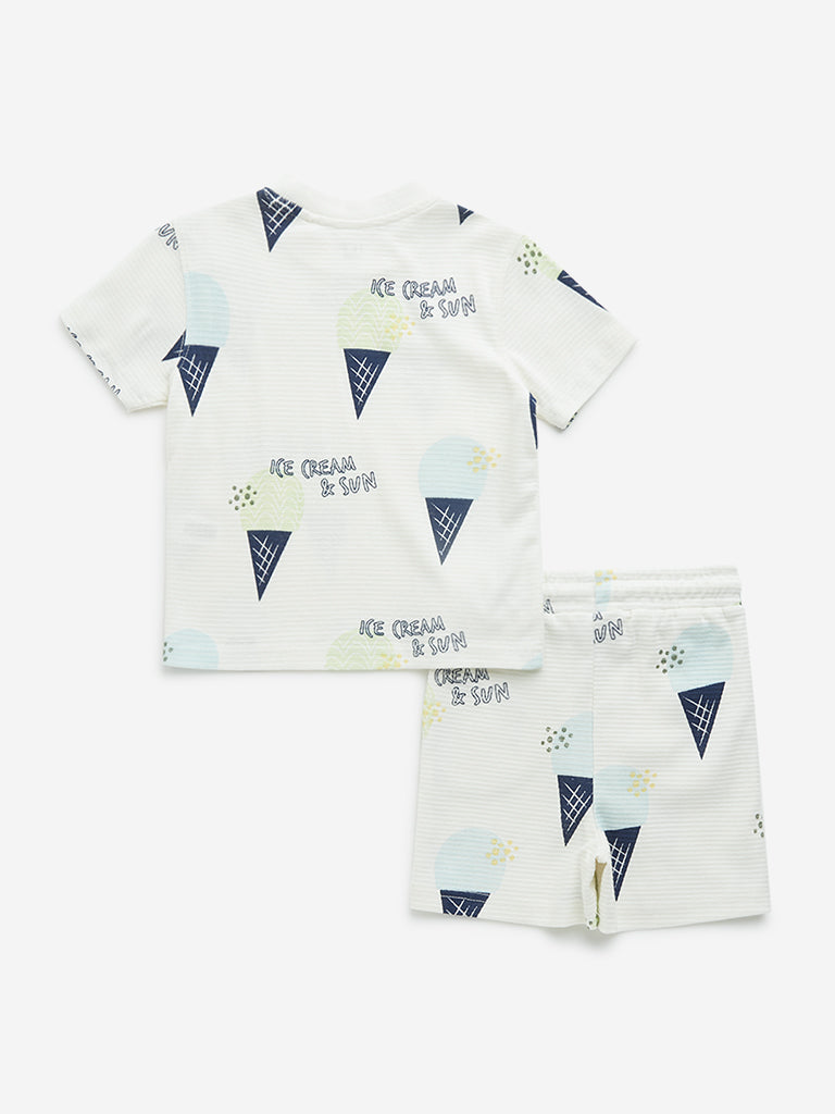 HOP Kids Off-White Ice-Cream Design Cotton T-Shirt and Mid-Rise Shorts Set