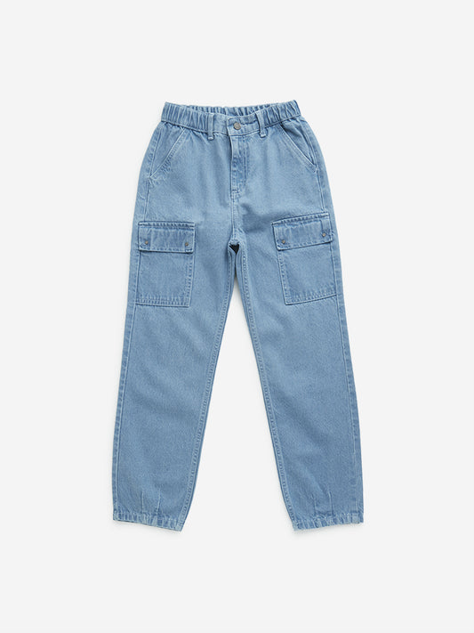 HOP Kids Blue Cargo-Style Mid-Rise Cotton Jeans
