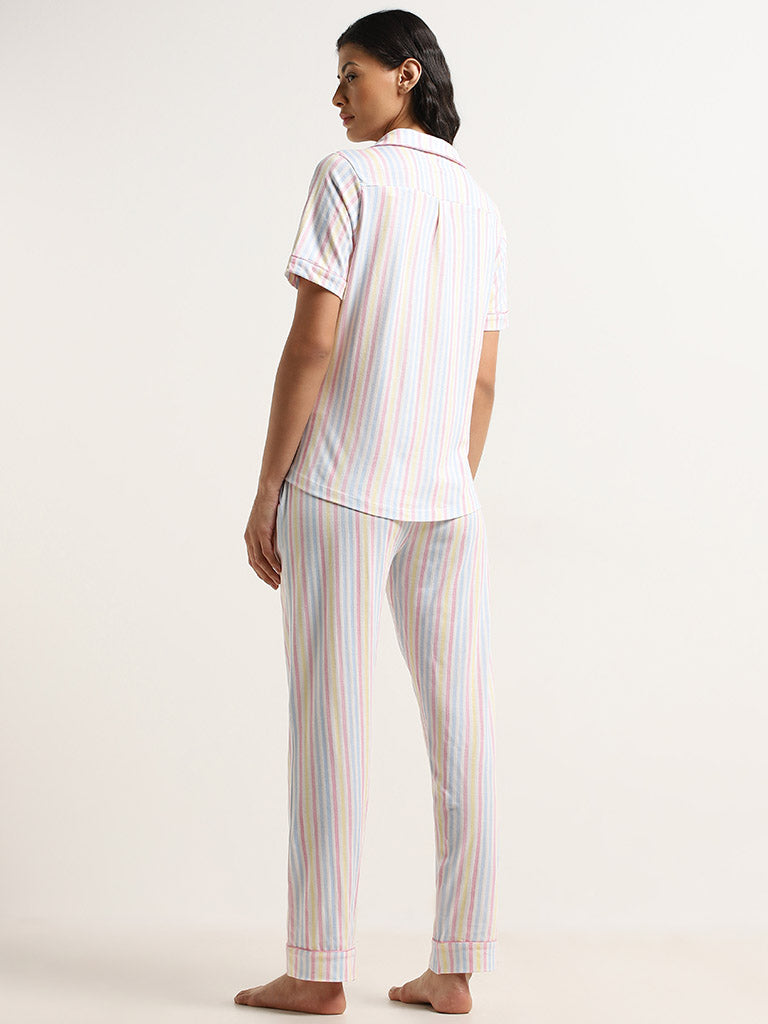 Wunderlove Multicolour Striped Cotton Shirt and Pyjama Set