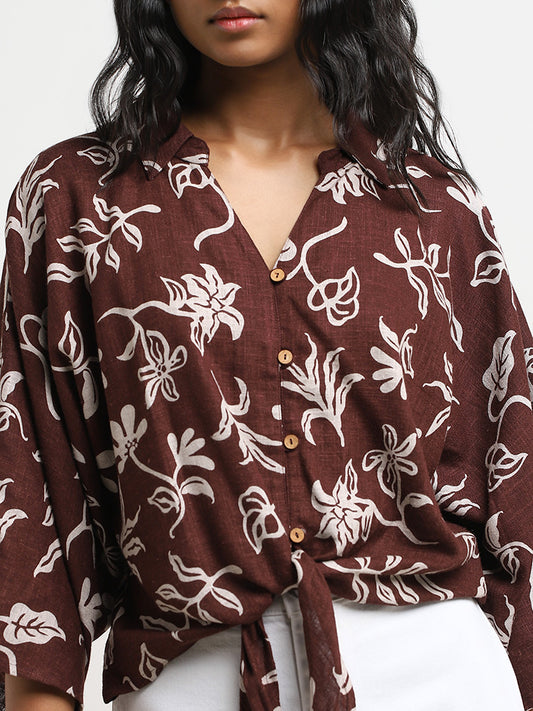 LOV Brown Floral Print Blended Linen Blouse