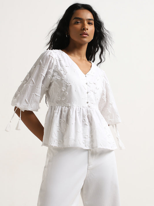 LOV White Floral Embroidered Cotton Peplum Blouse