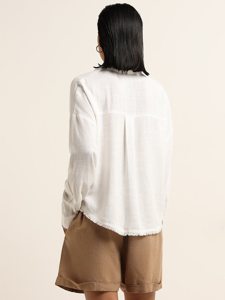 LOV White Frayed Pattern Blended Linen Shirt