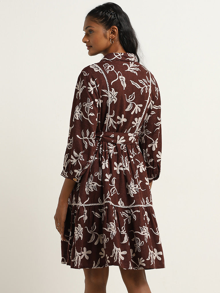LOV Brown Floral Design Shirt Cotton Dress with Belt