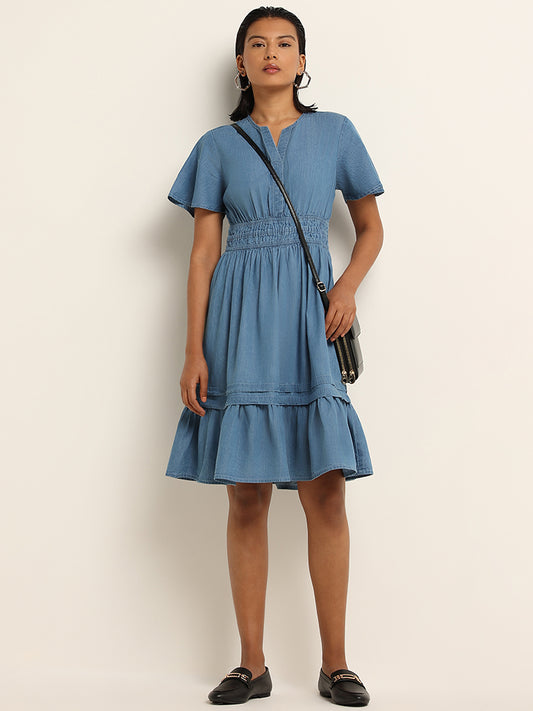 LOV Blue Solid Cotton Blend Tiered Short Dress