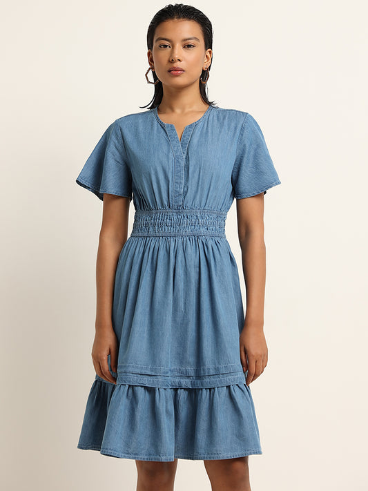 LOV Blue Solid Tiered Short Dress