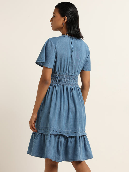 LOV Blue Solid Cotton Blend Tiered Short Dress