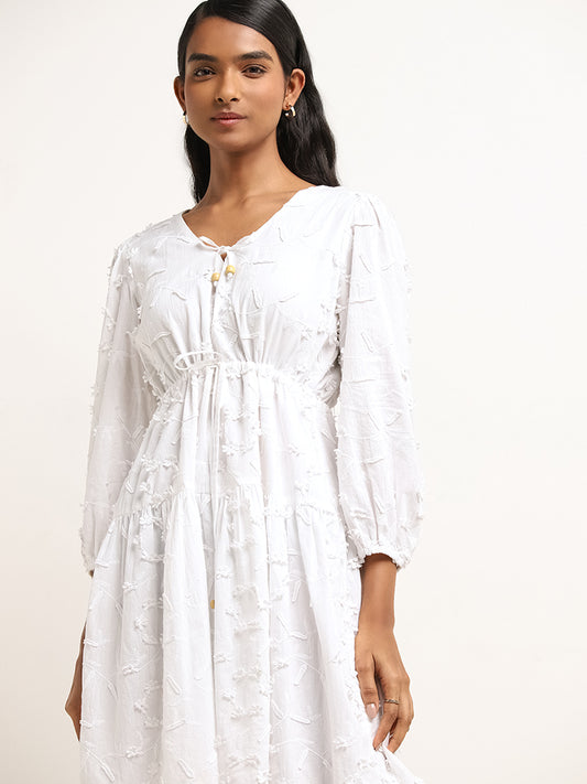 LOV White Floral Embroidered Casual Cotton A-Line Dress