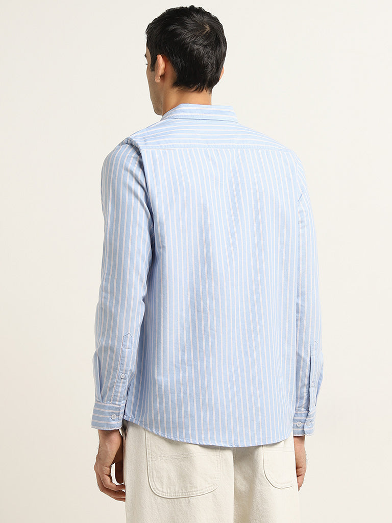 WES Casuals Blue Stripe Printed Slim-Fit Cotton Shirt