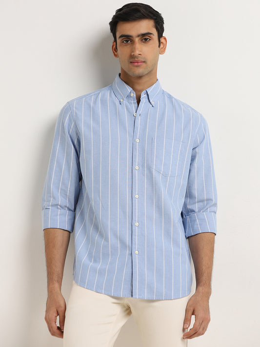 WES Casuals Blue Striped Relaxed-Fit Cotton Shirt