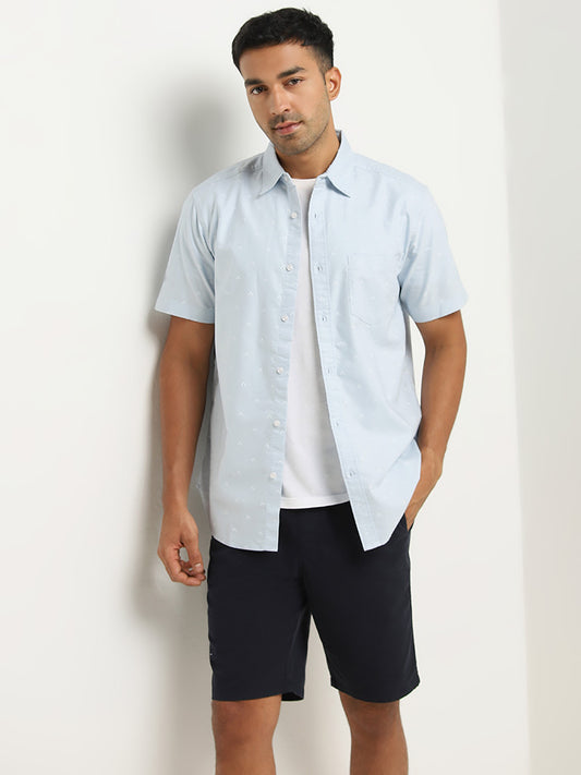 WES Casuals Light Blue Printed Relaxed-Fit Cotton Shirt