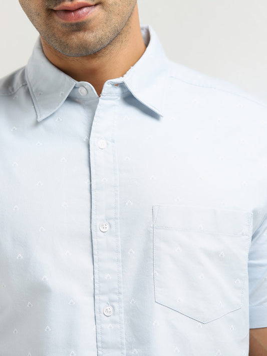WES Casuals Light Blue Printed Relaxed-Fit Cotton Shirt