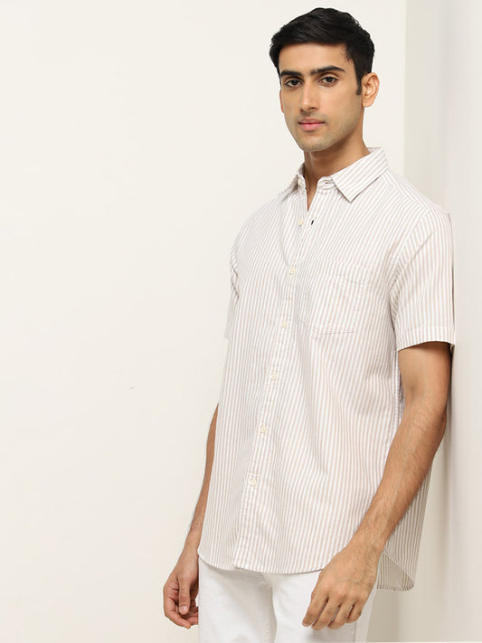 WES Casuals Beige Striped Relaxed-Fit Cotton Shirt