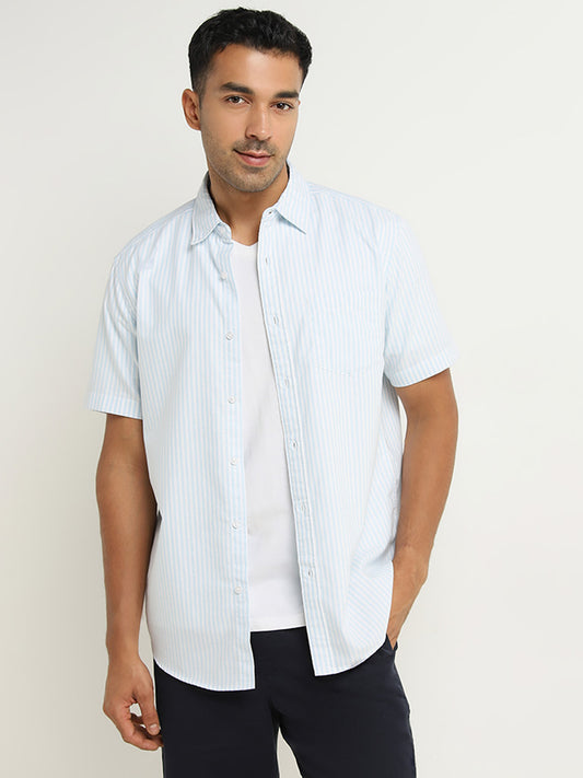 WES Casuals Blue Stripe Print Relaxed-Fit Cotton Shirt