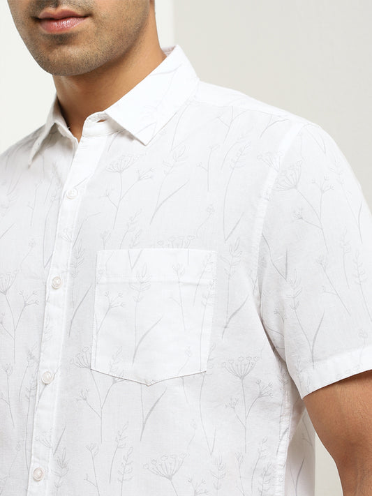 WES Casuals White Leaf Print Blended Linen Slim-Fit Shirt