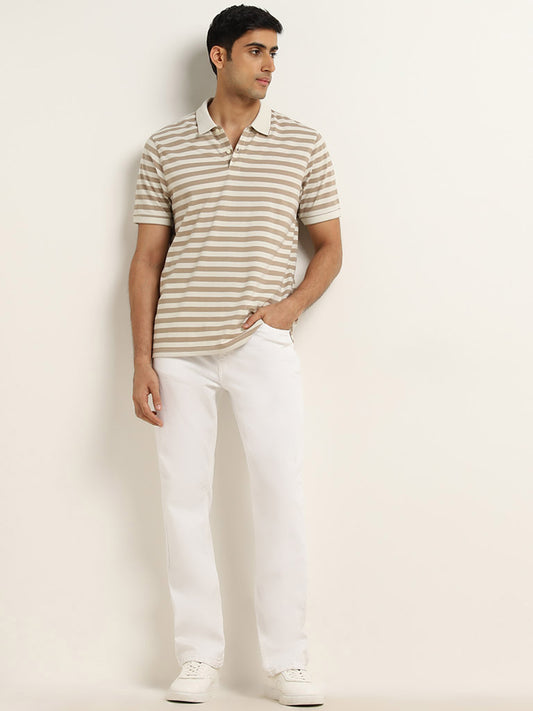 WES Casuals Beige Striped Relaxed-Fit Polo T-Shirt
