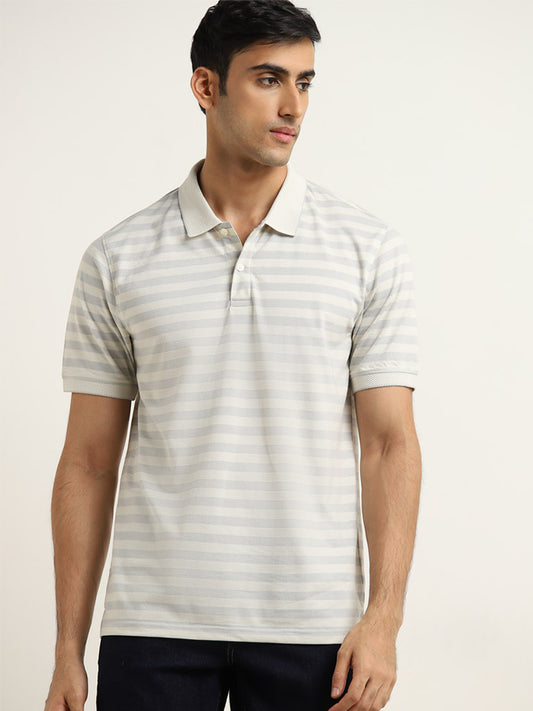 WES Casuals Light Grey Striped Relaxed-Fit Polo T-Shirt