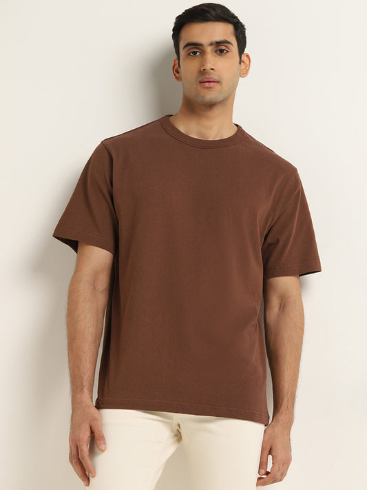 WES Casuals Brown Regular-Fit Cotton T-Shirt