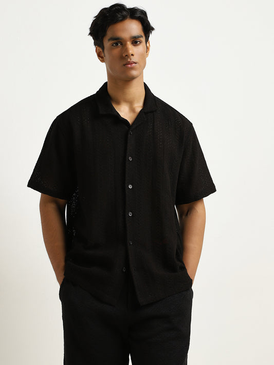 ETA Black Knit-Textured Relaxed-Fit Cotton Shirt