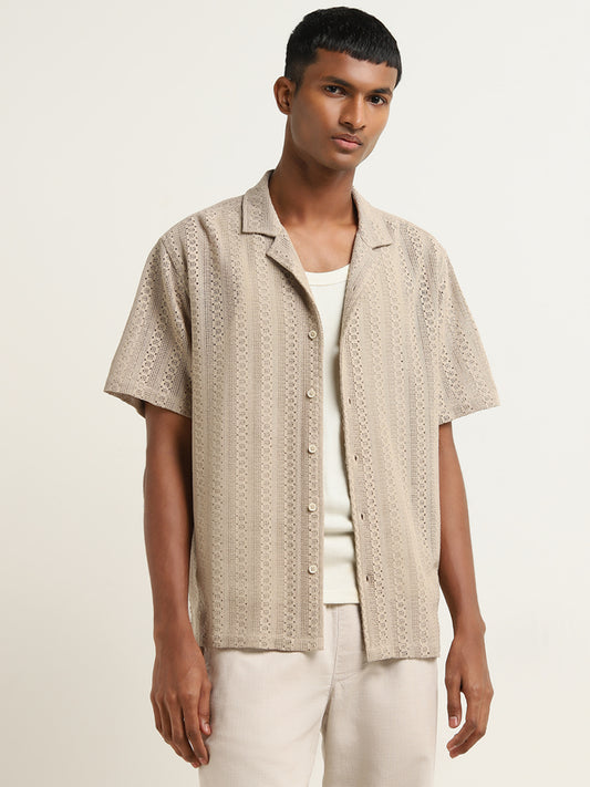 ETA Dark Taupe Knit-Textured Relaxed-Fit Cotton Shirt