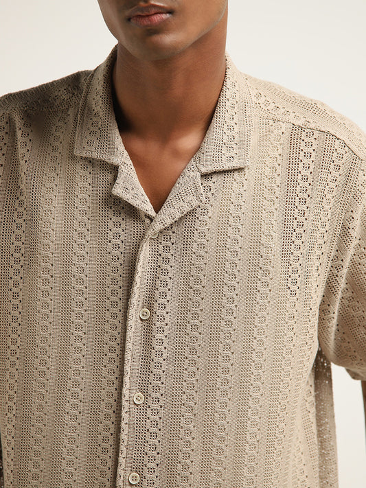 ETA Dark Taupe Knit-Textured Relaxed-Fit Cotton Shirt