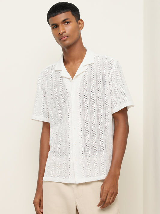 ETA White Knit-Textured Relaxed-Fit Cotton Shirt