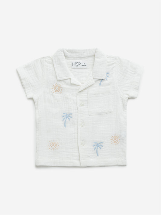 HOP Baby White Embroidered Crinkled Cotton Shirt