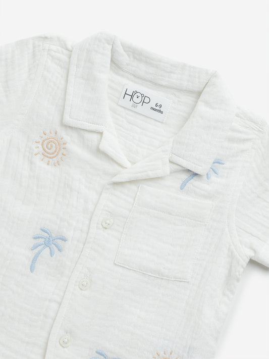HOP Baby White Embroidered Crinkled Cotton Shirt