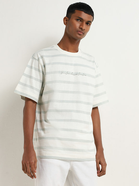 Nuon Sage Stripe Pattern Relaxed-Fit Cotton T-Shirt