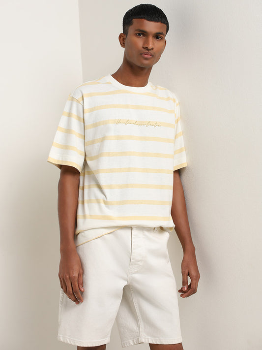 Nuon Yellow Striped Relaxed-Fit Cotton T-Shirt